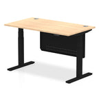 Adjustable height desk with wood-effect top and metal legs with modesty panel on a white background