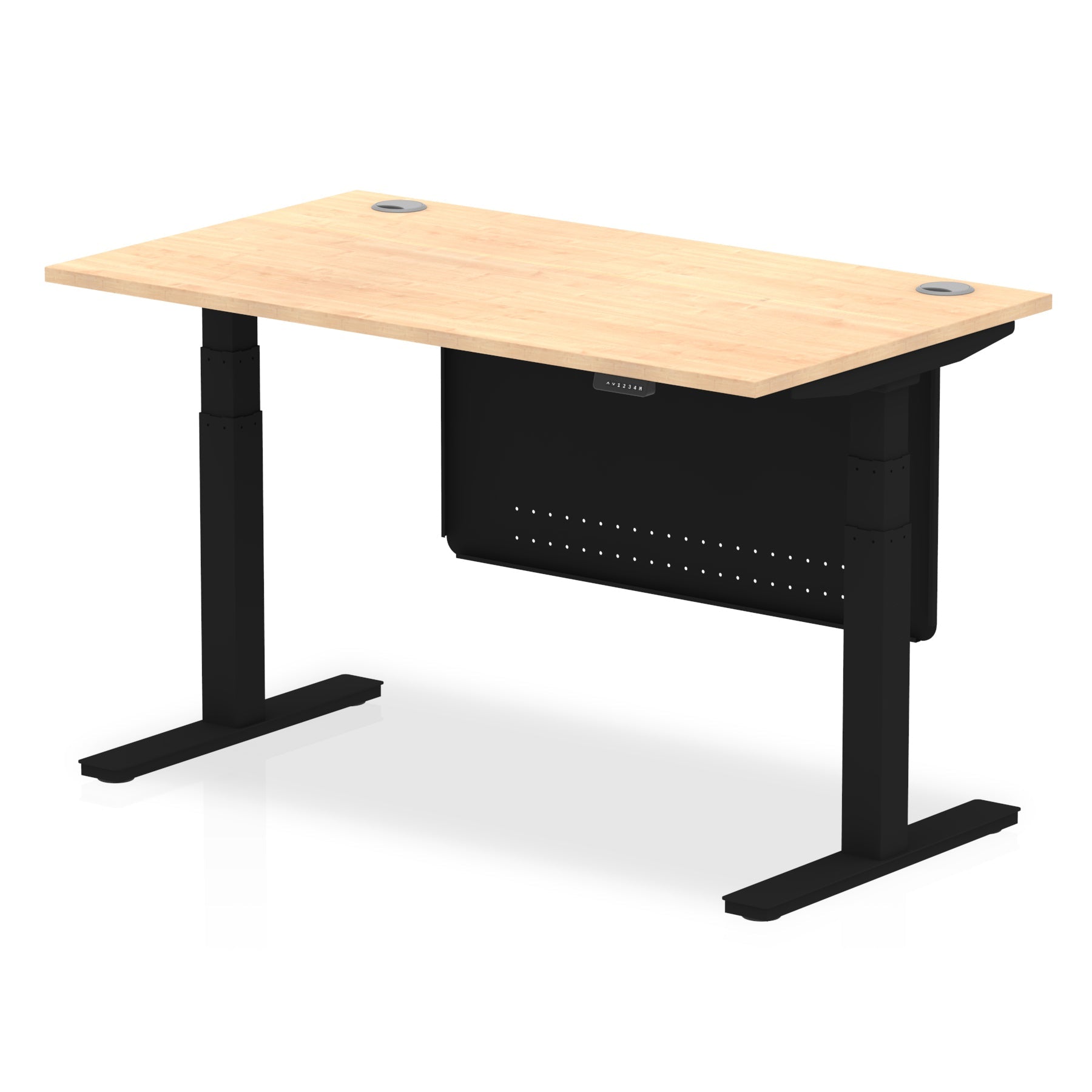 Adjustable height desk with wood-effect top and metal legs with modesty panel on a white background
