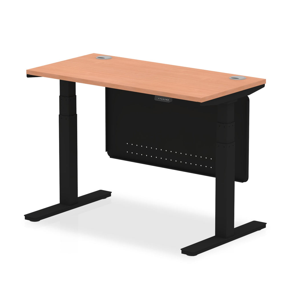 Height-adjustable desk with wood-effect top and black legs on a white background
