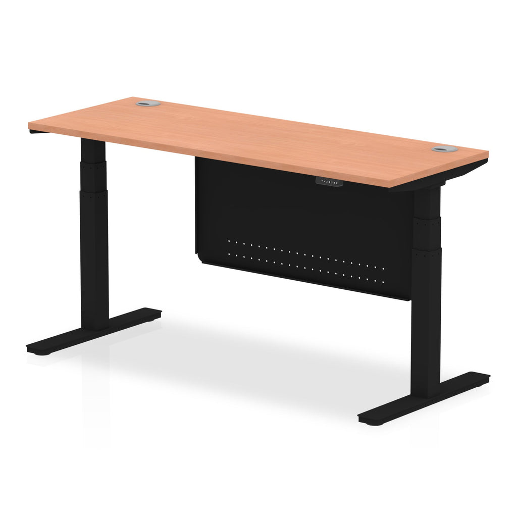 Height-adjustable desk with wood-effect top and metal legs on a white background