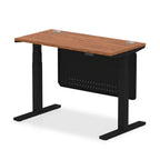 Height-adjustable desk with wood-effect top and metal legs on a white background