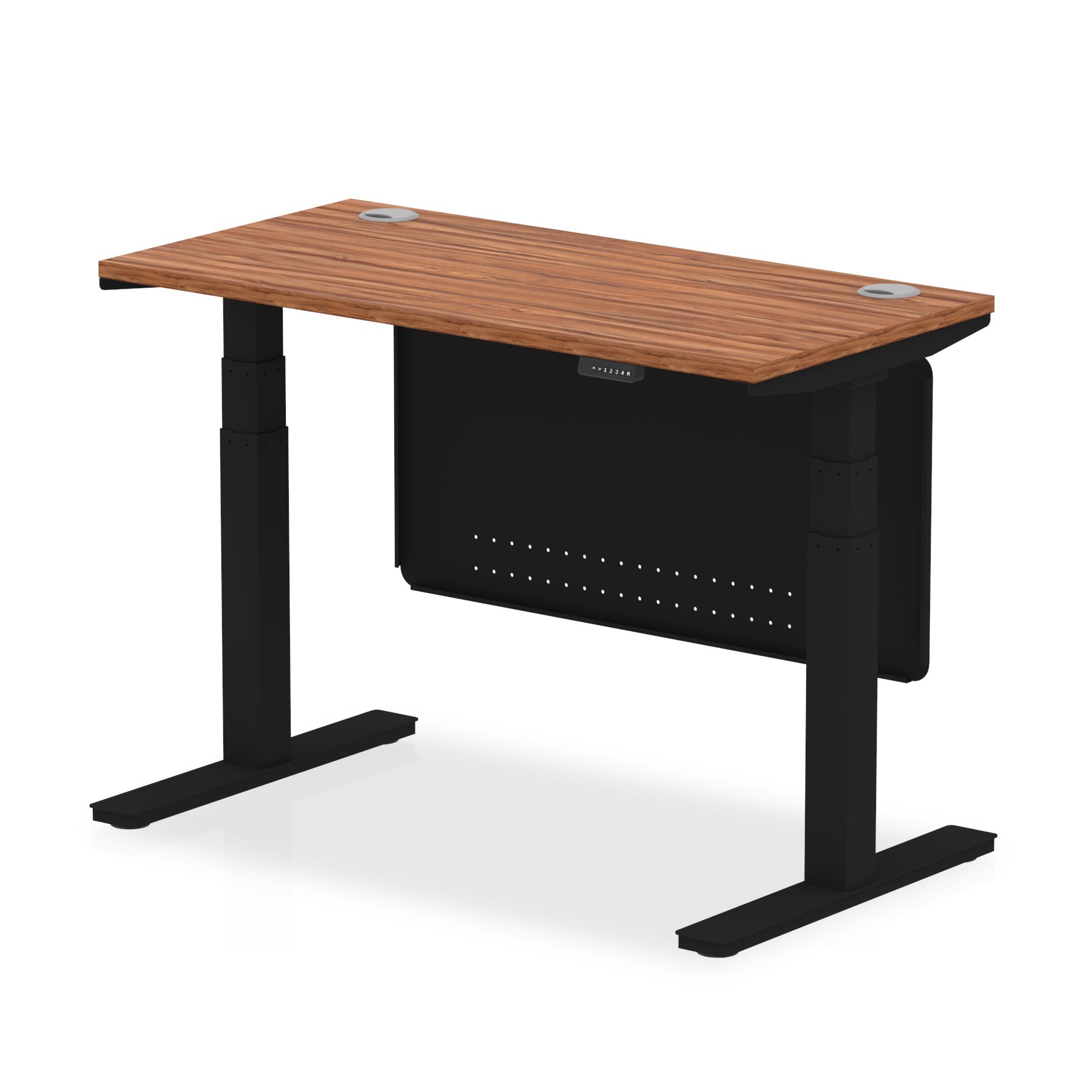 Height-adjustable desk with wood-effect top and metal legs on a white background