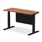Height-adjustable desk with wood-effect top and metal legs on a white background