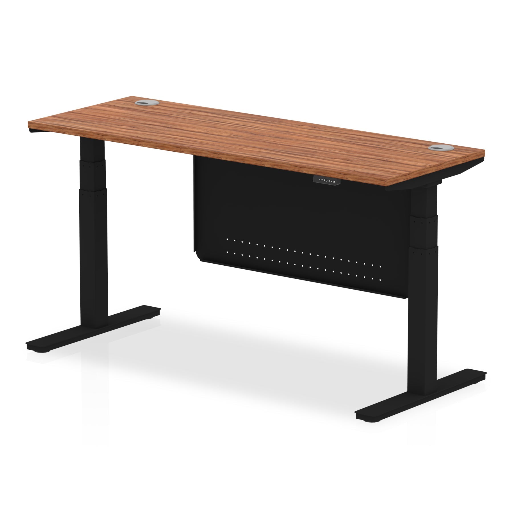 Height-adjustable desk with wood-effect top and metal legs on a white background