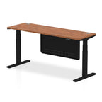 Height-adjustable desk with wood-effect top and metal legs on a white background