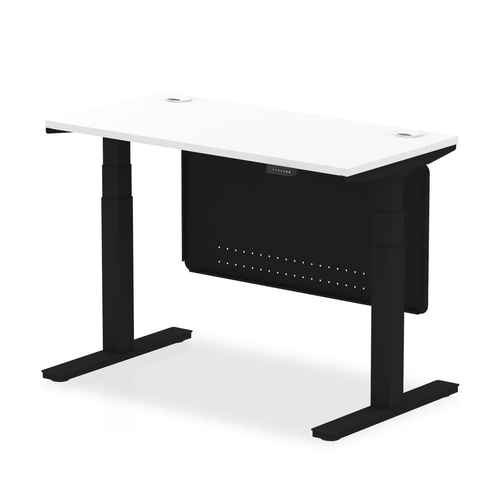 Height-adjustable desk with white top and metal legs on a white background