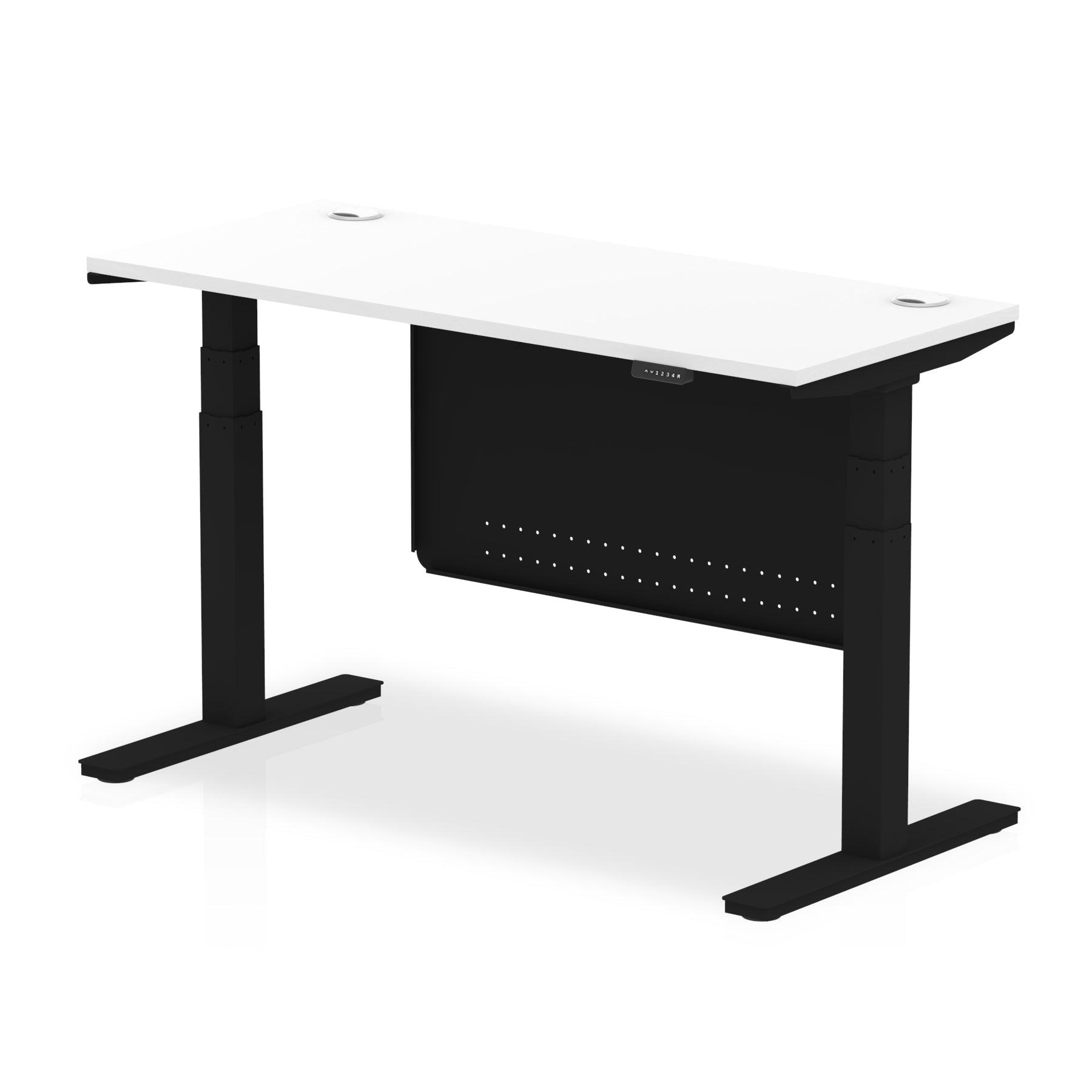 Height-adjustable desk with white top and metal legs on a white background