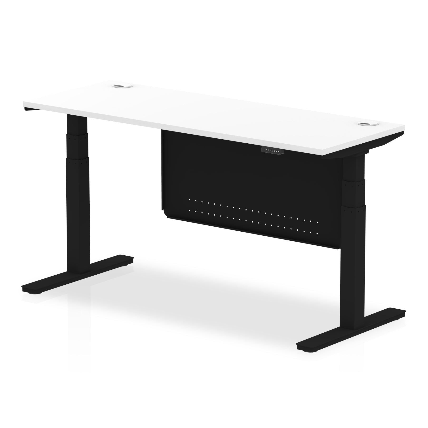 Height-adjustable desk with white top and metal legs on a white background