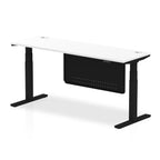 Height-adjustable desk with white top and metal legs on a white background