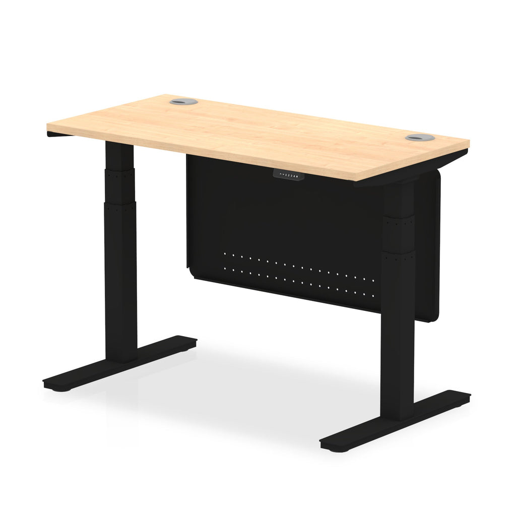 Height-adjustable desk with wood-effect top and metal legs on a white background