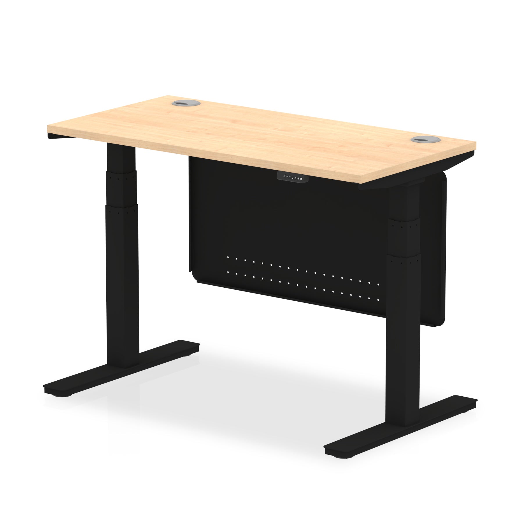 Height-adjustable desk with wood-effect top and metal legs on a white background