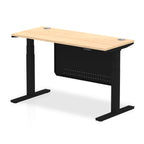 Height-adjustable desk with wood-effect top and metal legs on a white background