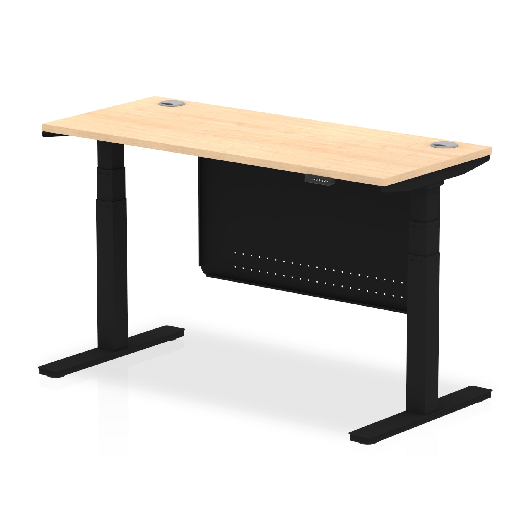 Height-adjustable desk with wood-effect top and metal legs on a white background