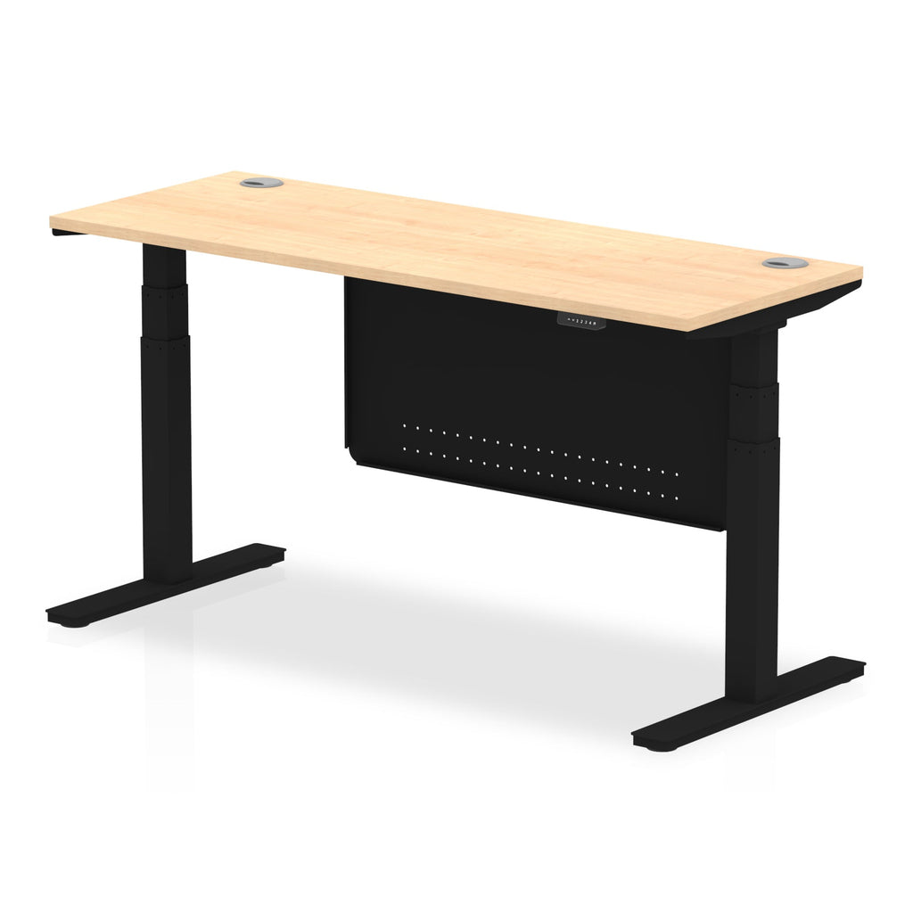 Height-adjustable desk with wood-effect top and metal legs on a white background