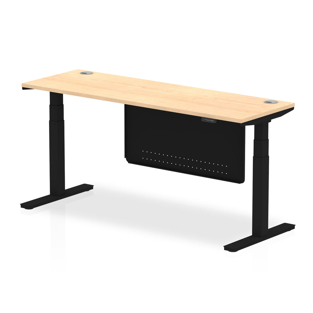 Height-adjustable desk with wood-effect top and metal legs on a white background