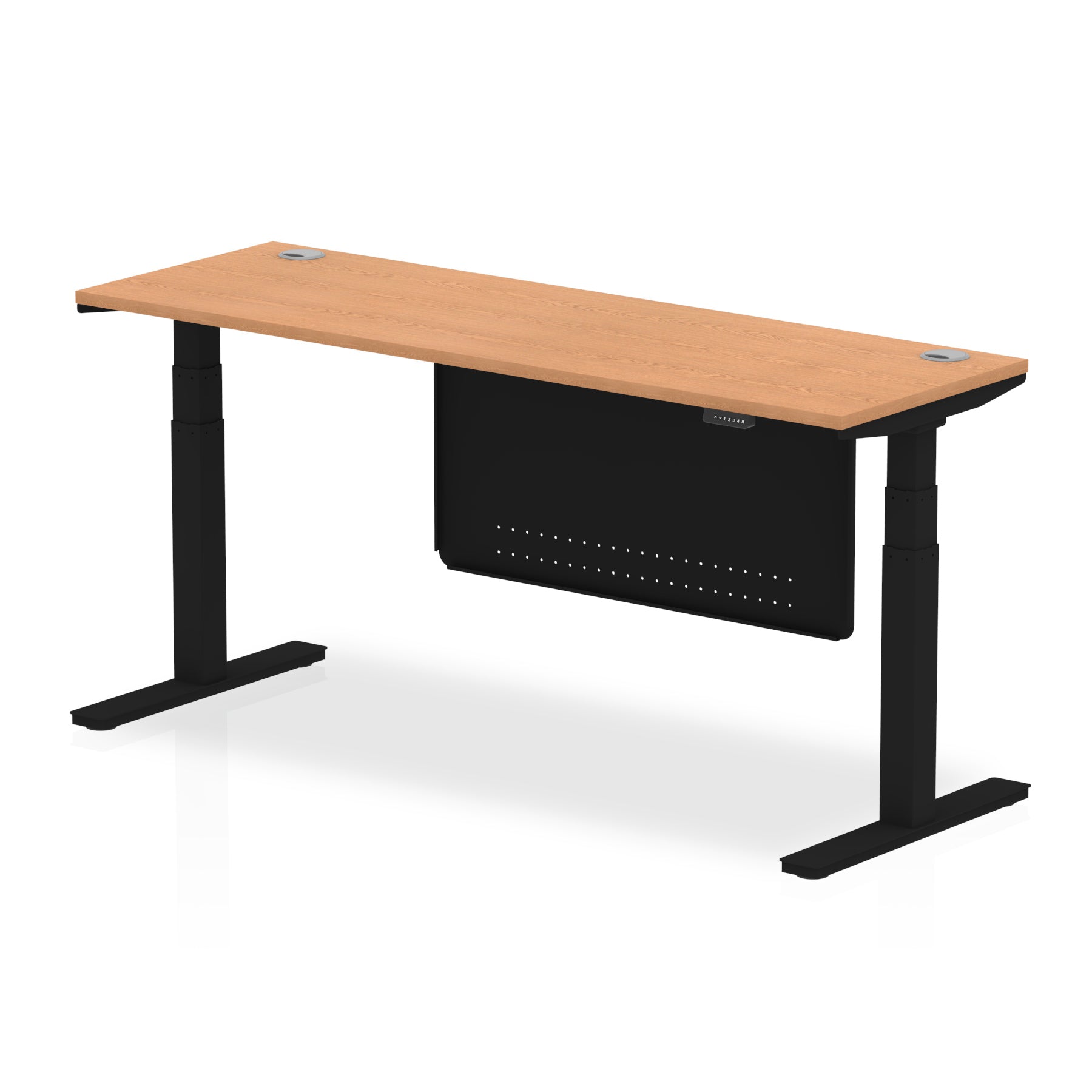 Height-adjustable desk with wood-effect top and metal legs on a white background
