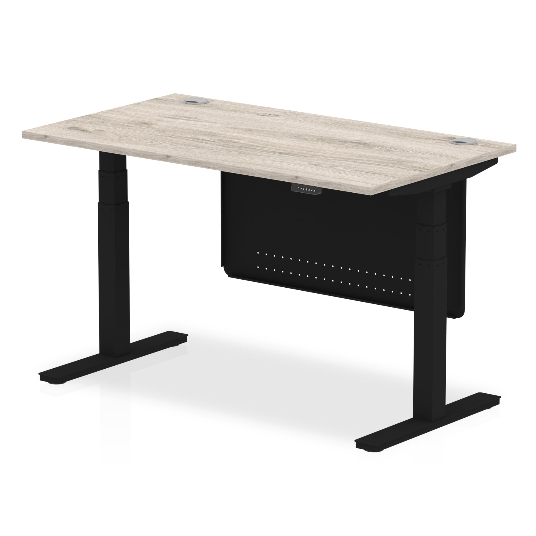 Adjustable height desk with wood-effect top and metal legs with modesty panel on a white background