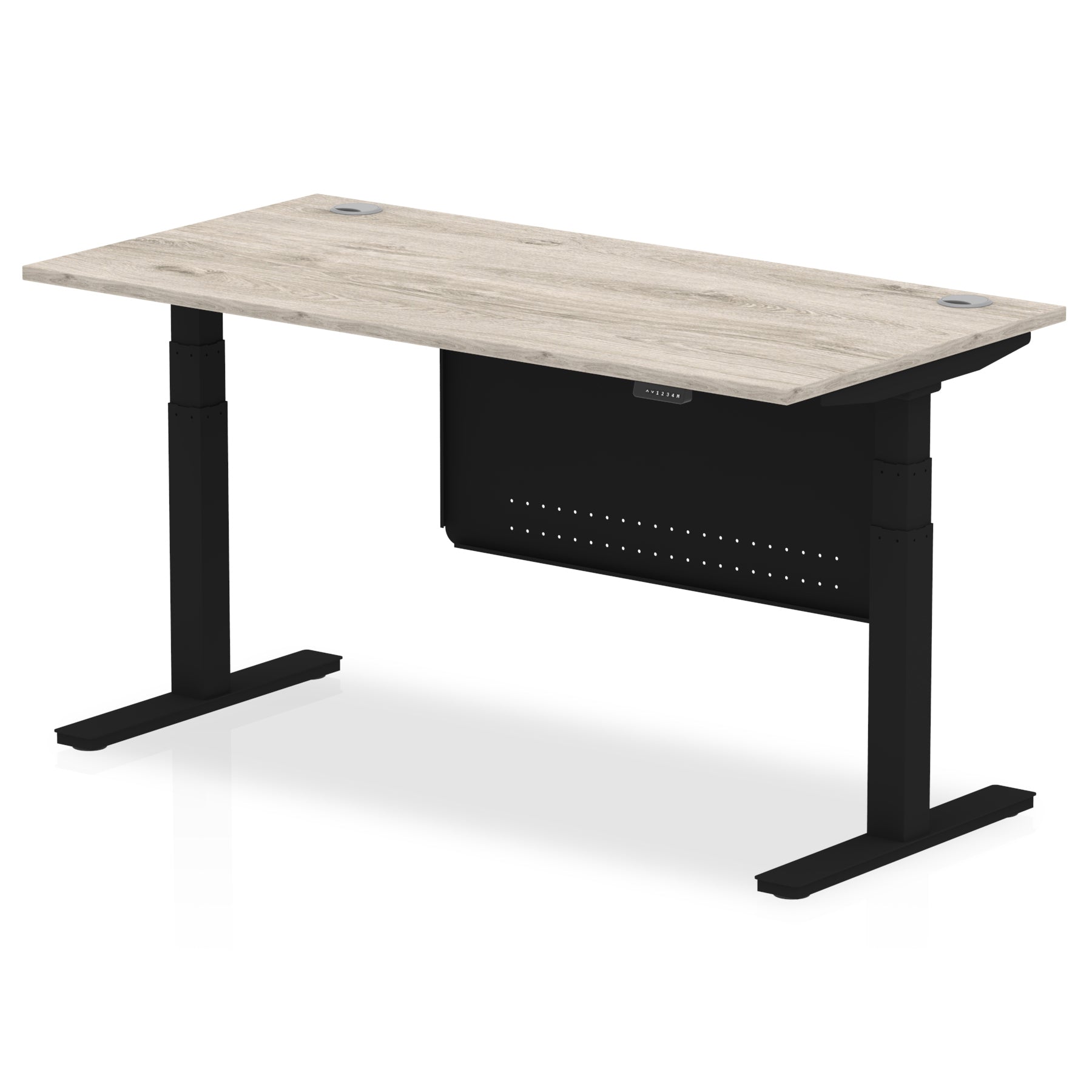 Adjustable height desk with wood-effect top and metal legs with modesty panel on a white background