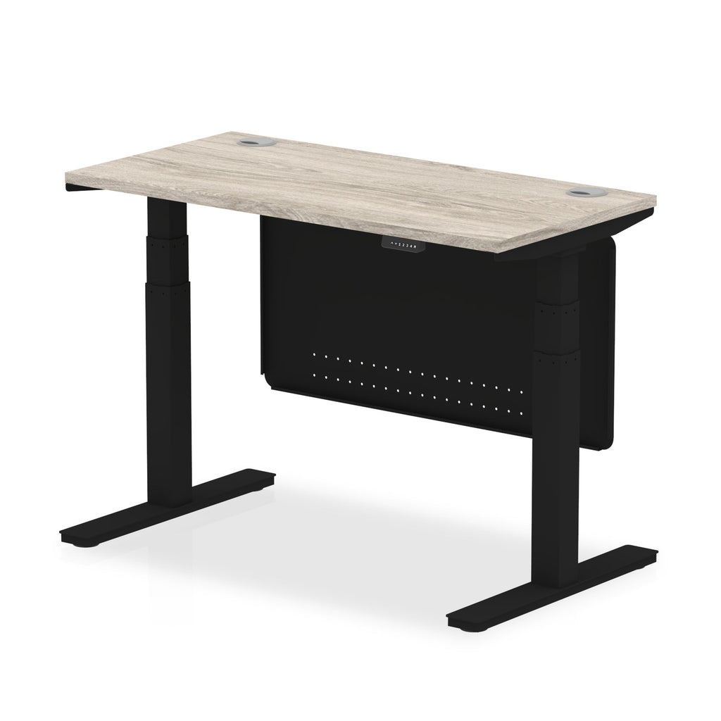 Height-adjustable desk with wood-effect top and metal legs on a white background