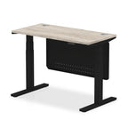 Height-adjustable desk with wood-effect top and metal legs on a white background