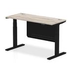 Height-adjustable desk with wood-effect top and metal legs on a white background
