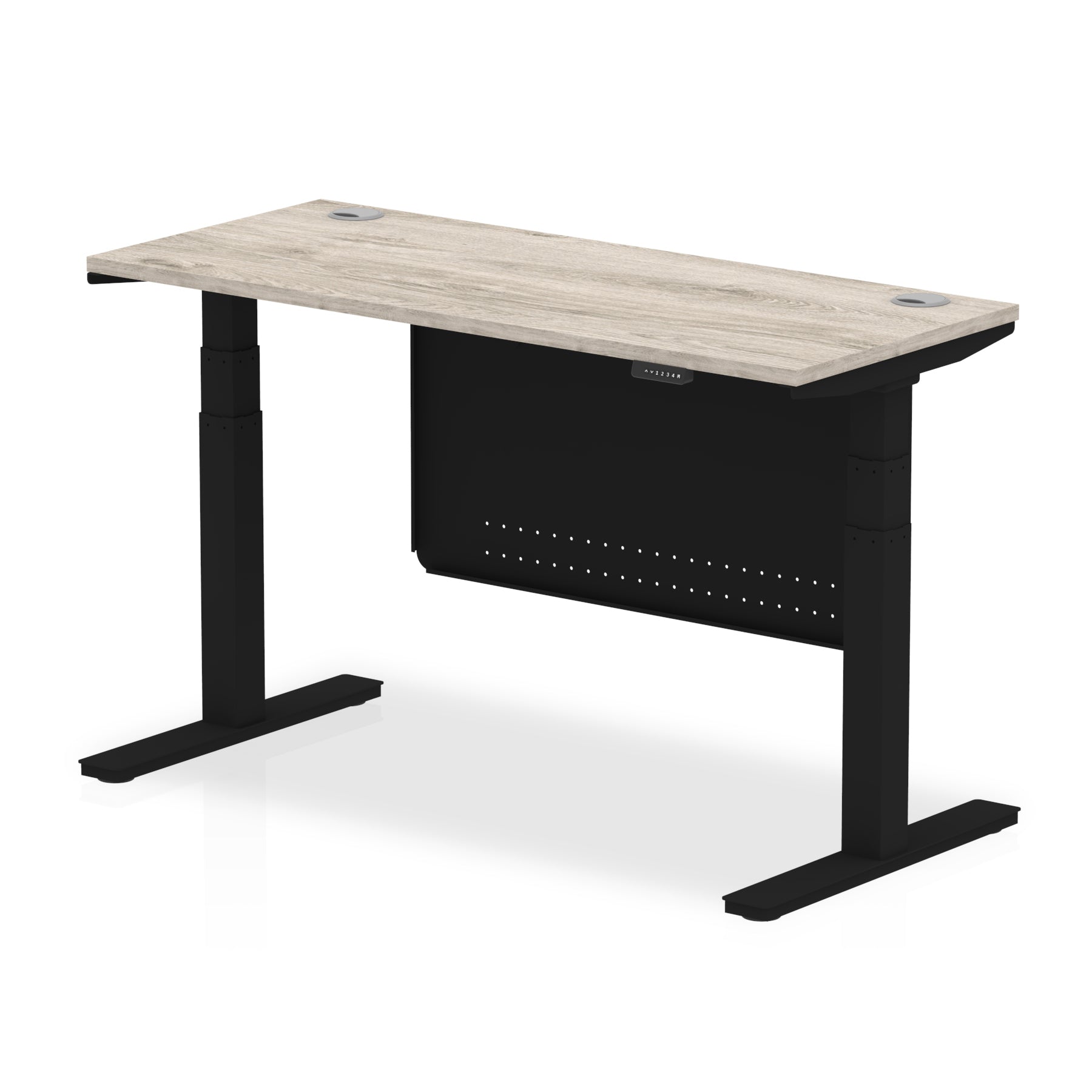 Height-adjustable desk with wood-effect top and metal legs on a white background