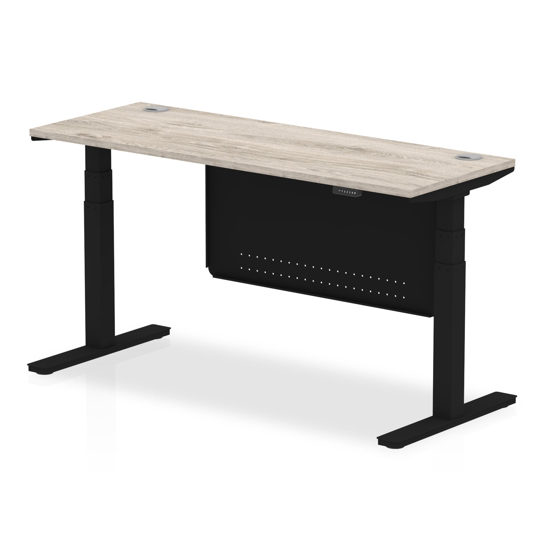 Height-adjustable desk with wood-effect top and metal legs on a white background