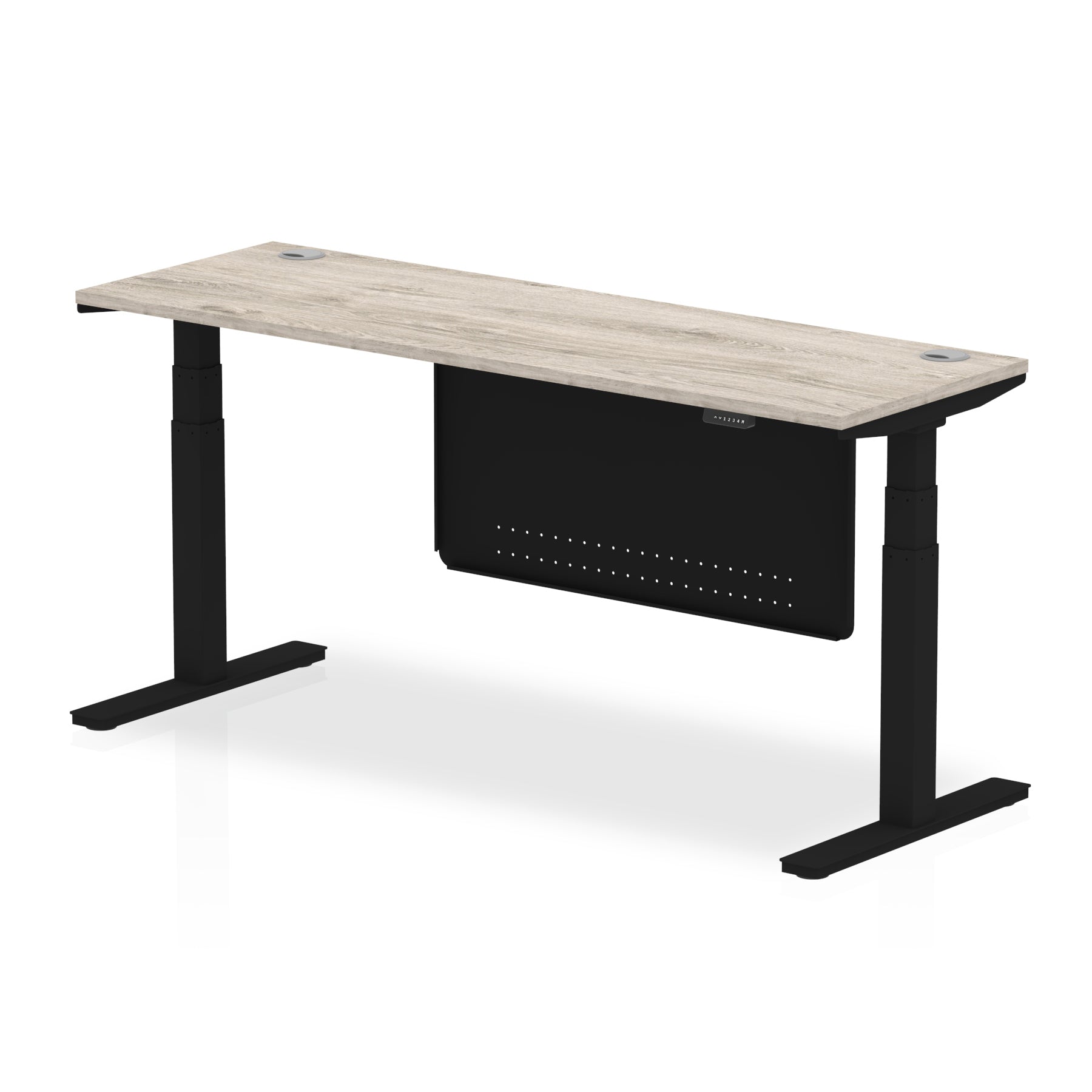 Height-adjustable desk with wood-effect top and metal legs on a white background