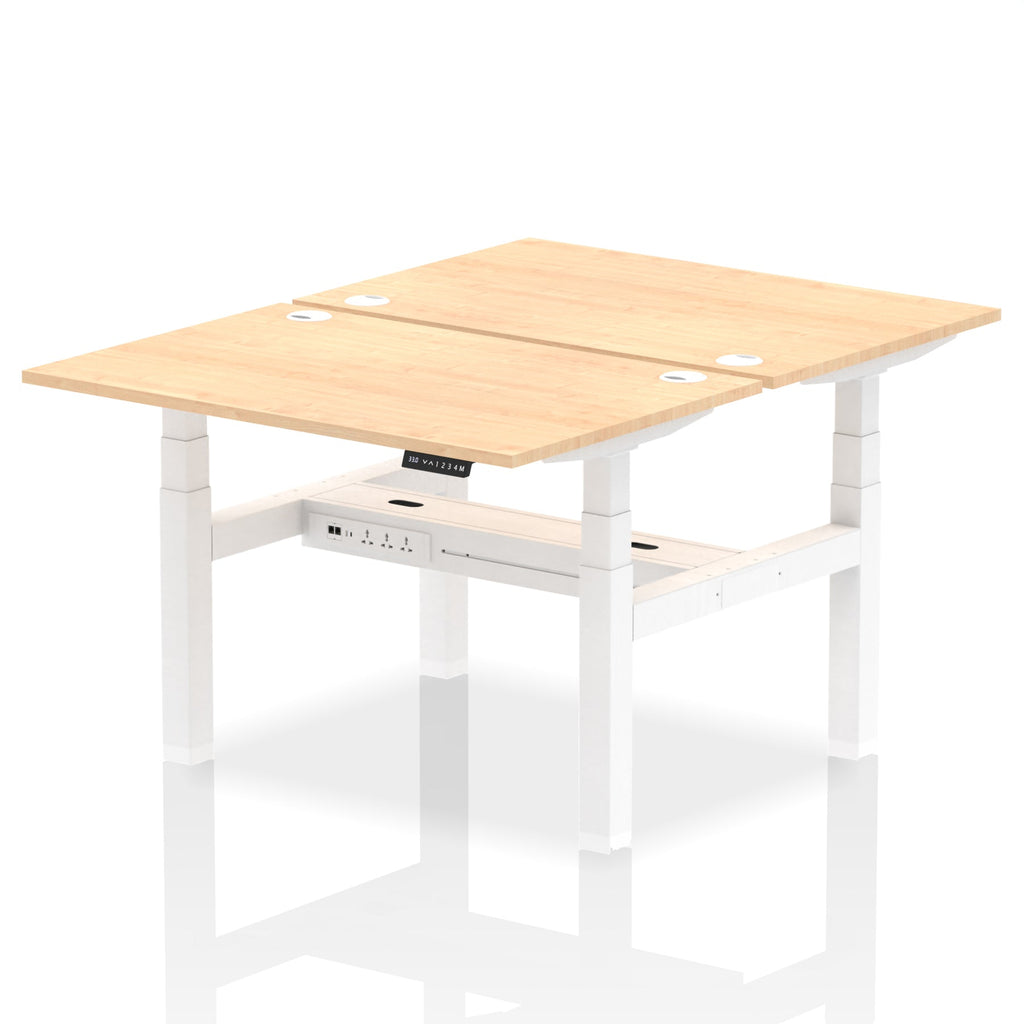 Back-to-back height adjustable desk with wood-effect top and metal frame on a white background