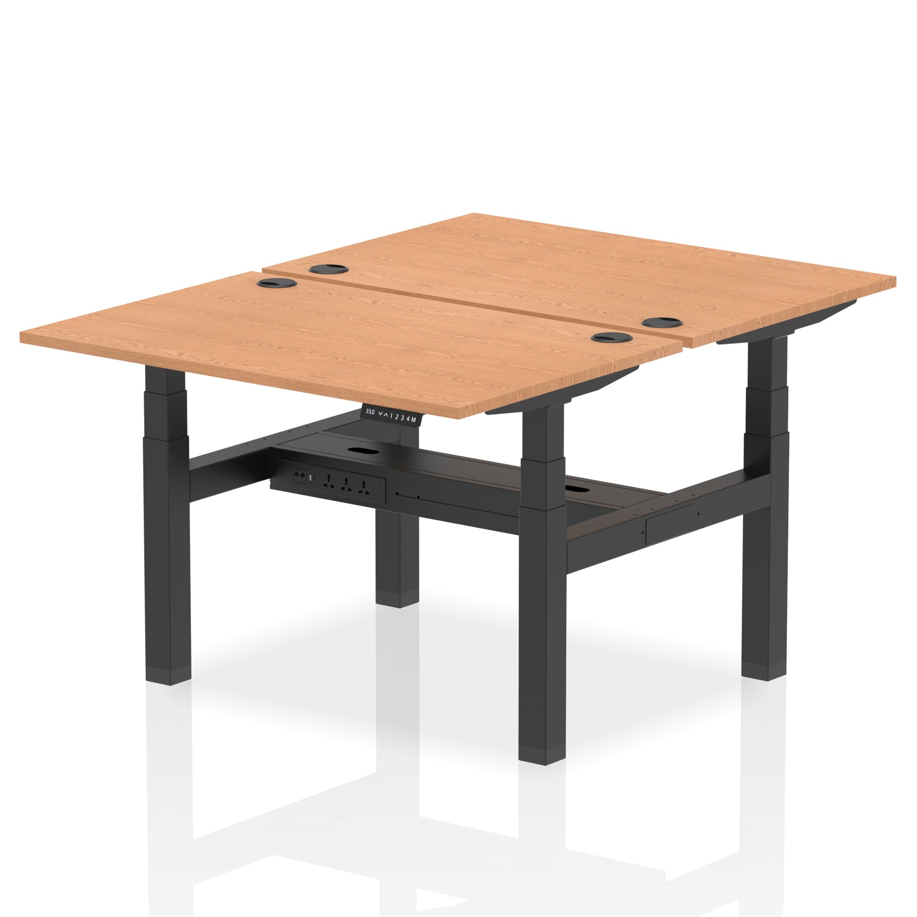 Back-to-back height adjustable desk with wood-effect top and metal frame on a white background