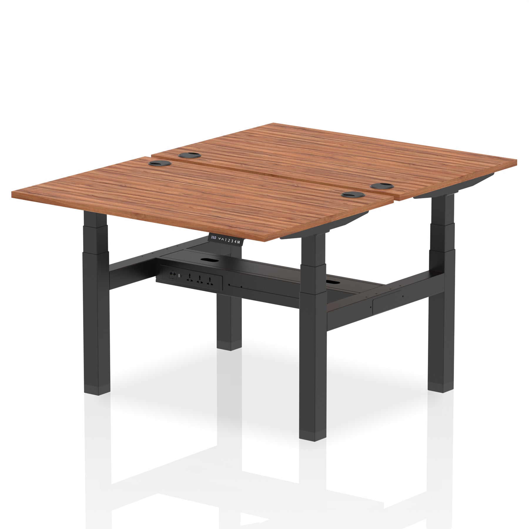 Back-to-back height adjustable desk with wood-effect top and metal frame on a white background