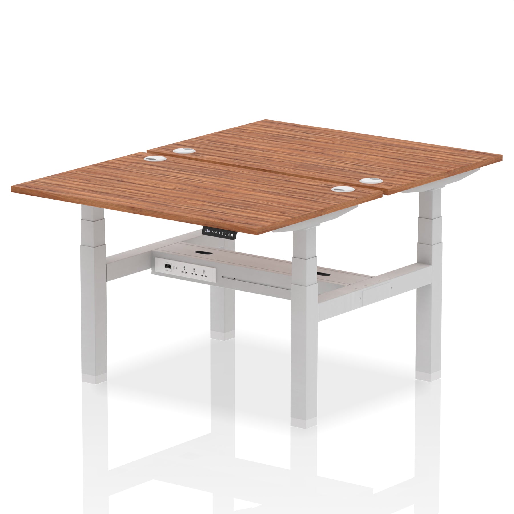Back-to-back height adjustable desk with wood-effect top and metal frame on a white background