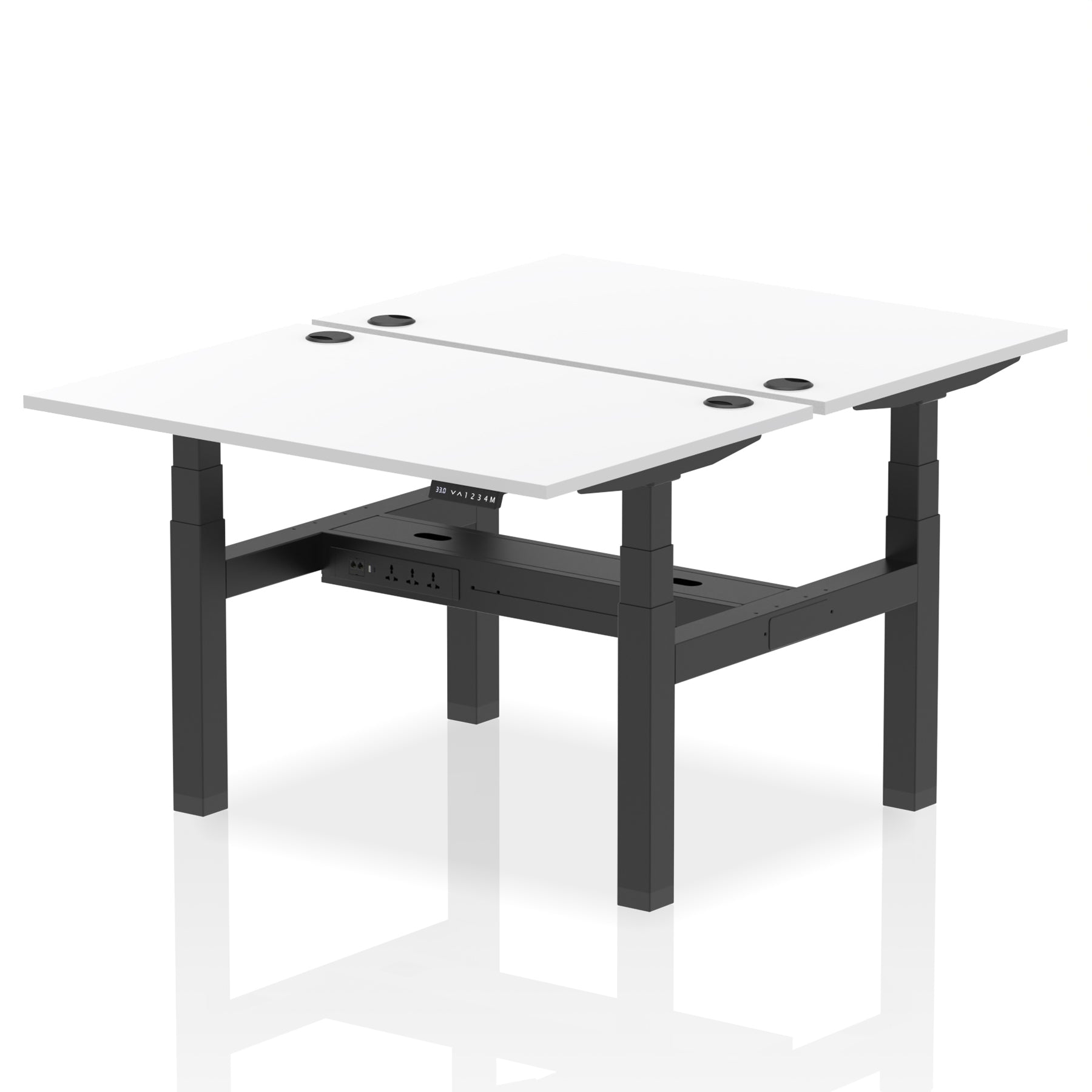 Back-to-back height adjustable desk with white top and metal frame on a white background