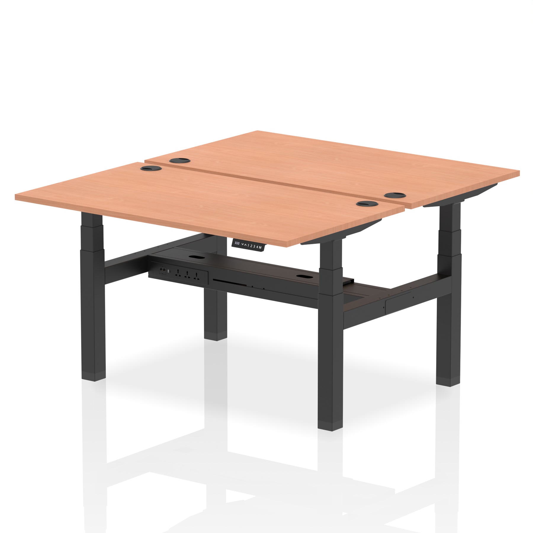 Back-to-back height adjustable desk with wood-effect top and metal frame on a white background