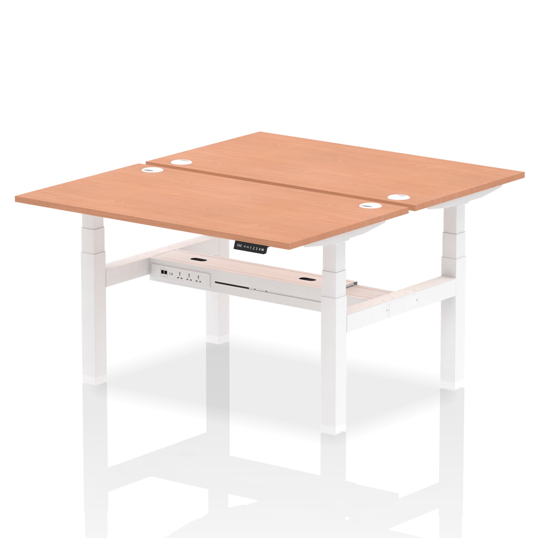 Back-to-back height adjustable desk with wood-effect top and metal frame on a white background