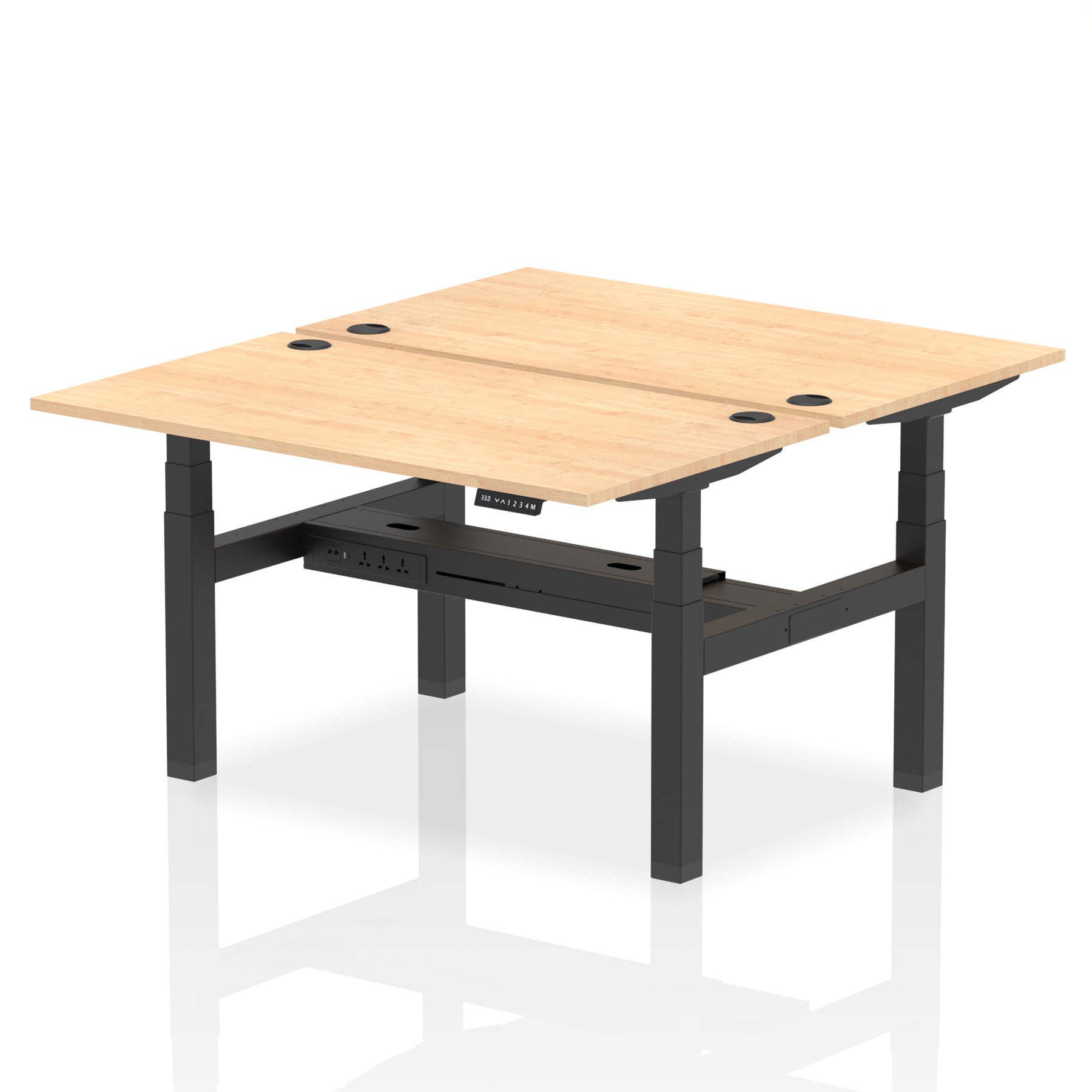 Back-to-back height adjustable desk with wood-effect top and metal frame on a white background