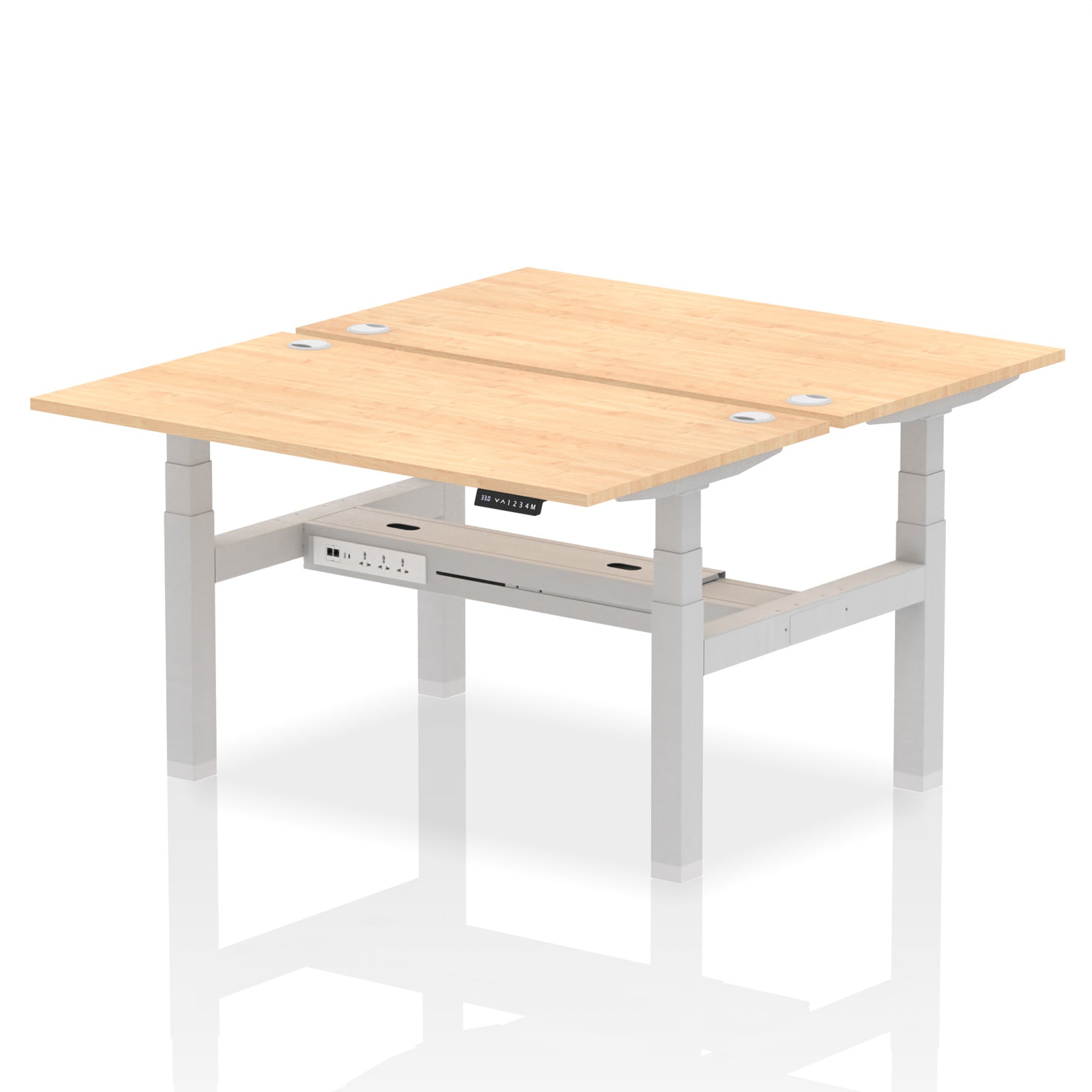 Back-to-back height adjustable desk with wood-effect top and metal frame on a white background