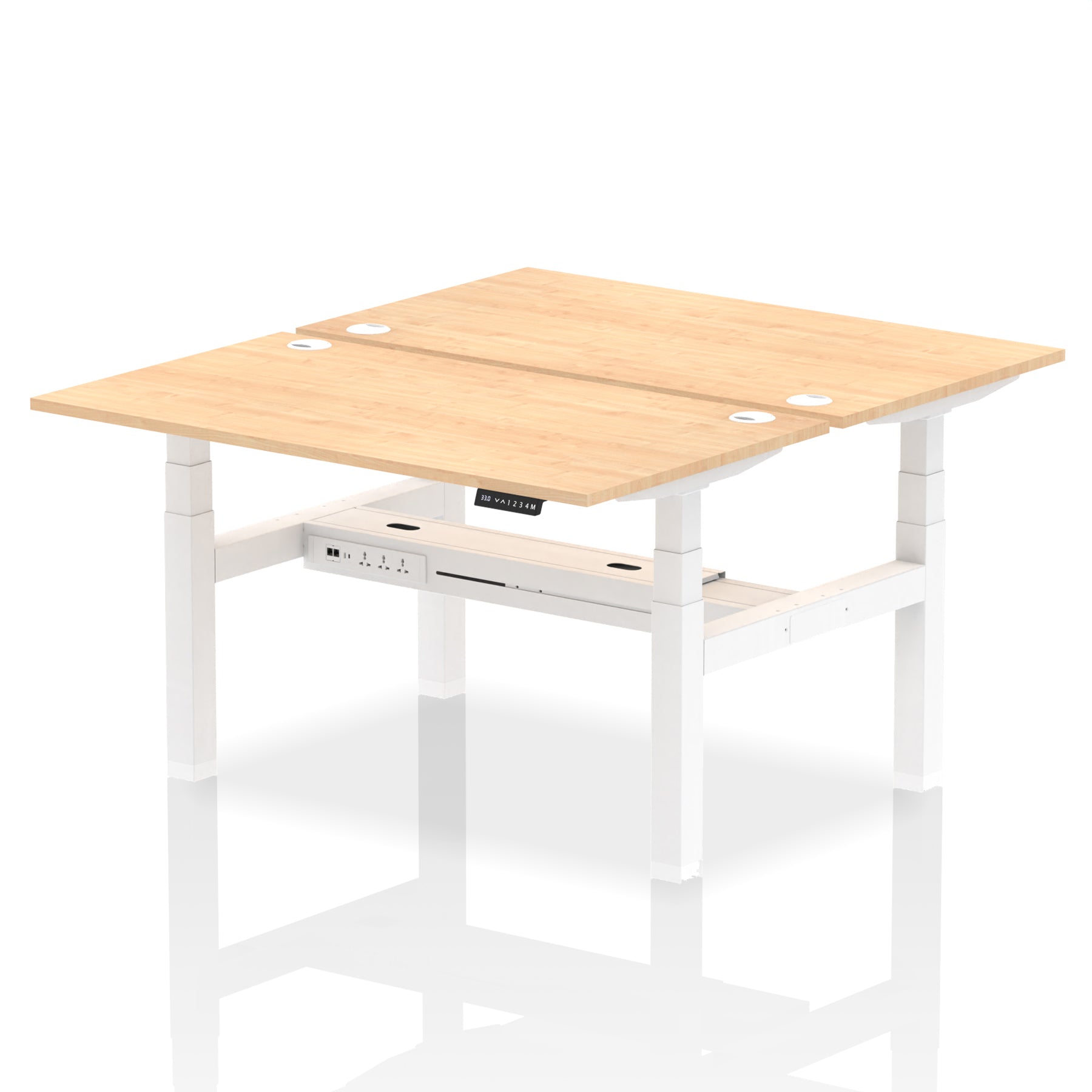 Back-to-back height adjustable desk with wood-effect top and metal frame on a white background