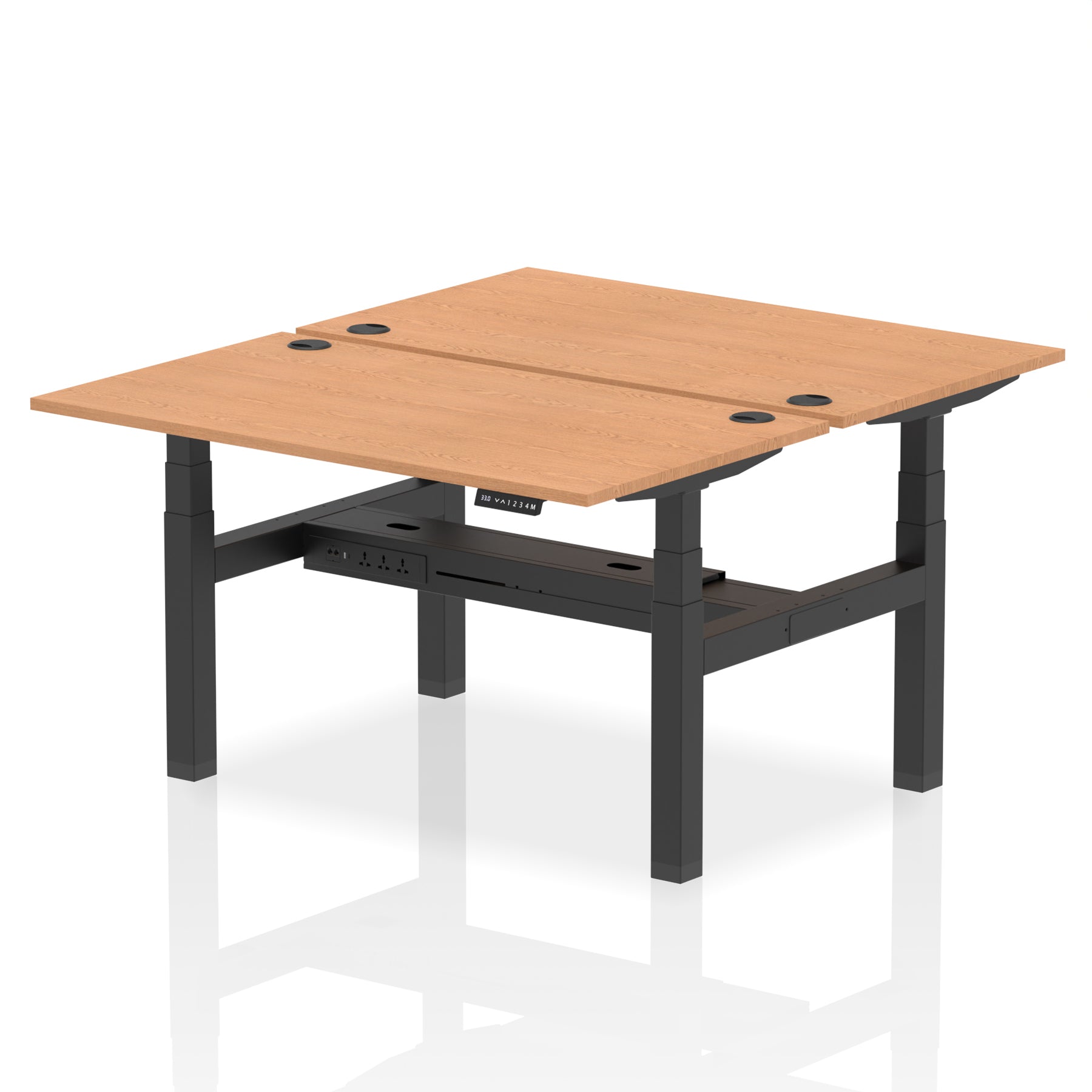 Back-to-back height adjustable desk with wood-effect top and metal frame on a white background
