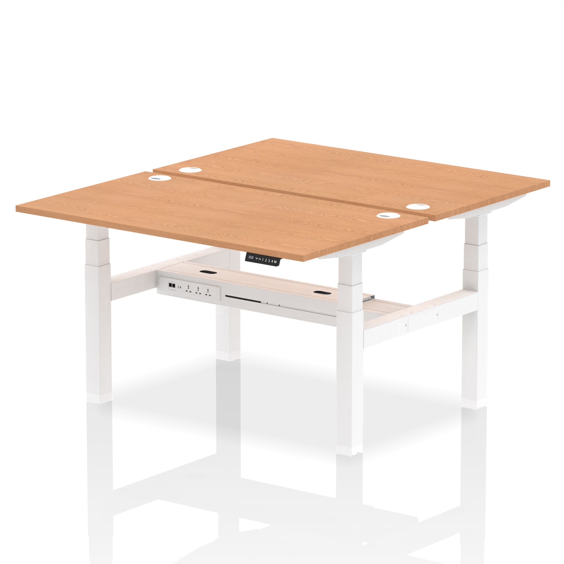 Back-to-back height adjustable desk with wood-effect top and metal frame on a white background