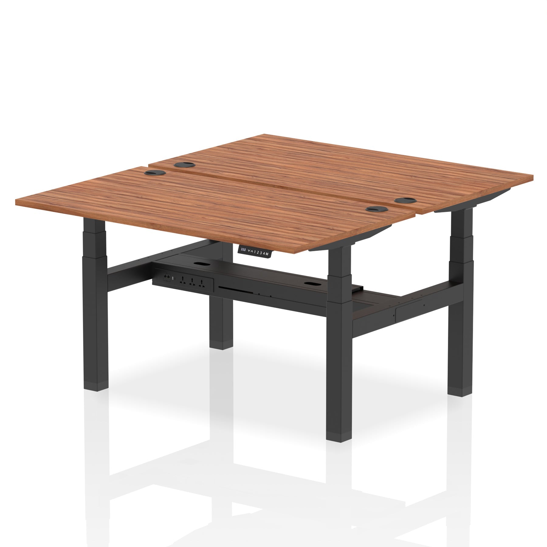 Back-to-back height adjustable desk with wood-effect top and metal frame on a white background