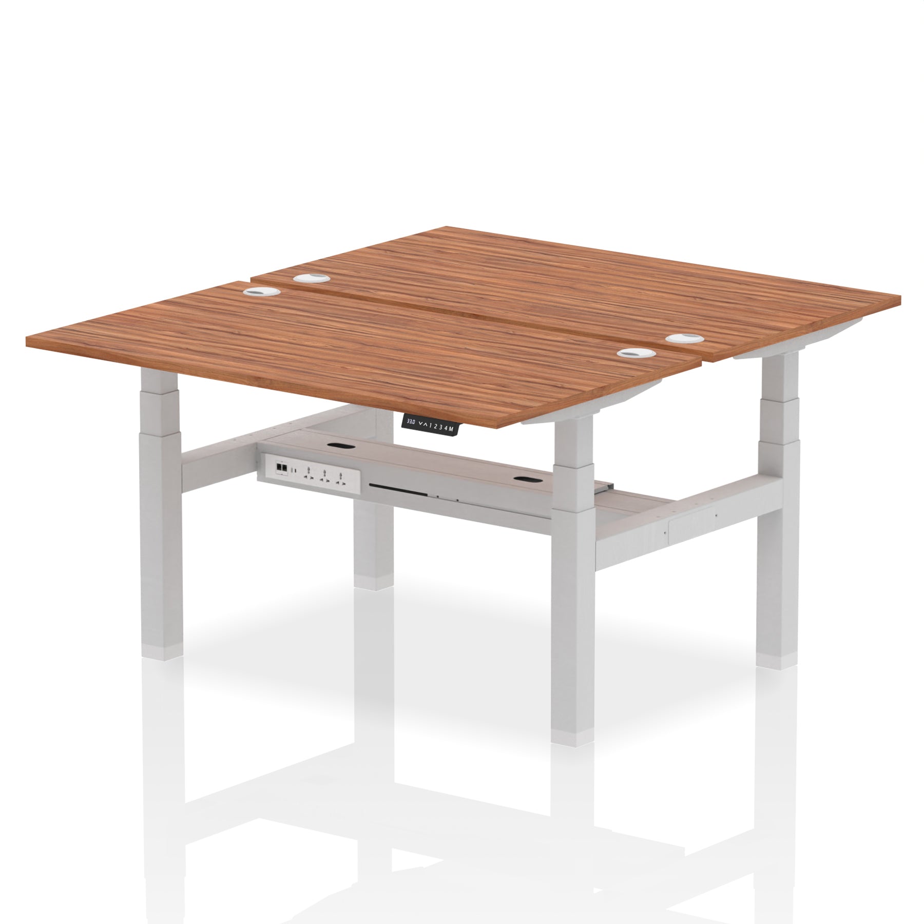 Back-to-back height adjustable desk with wood-effect top and metal frame on a white background