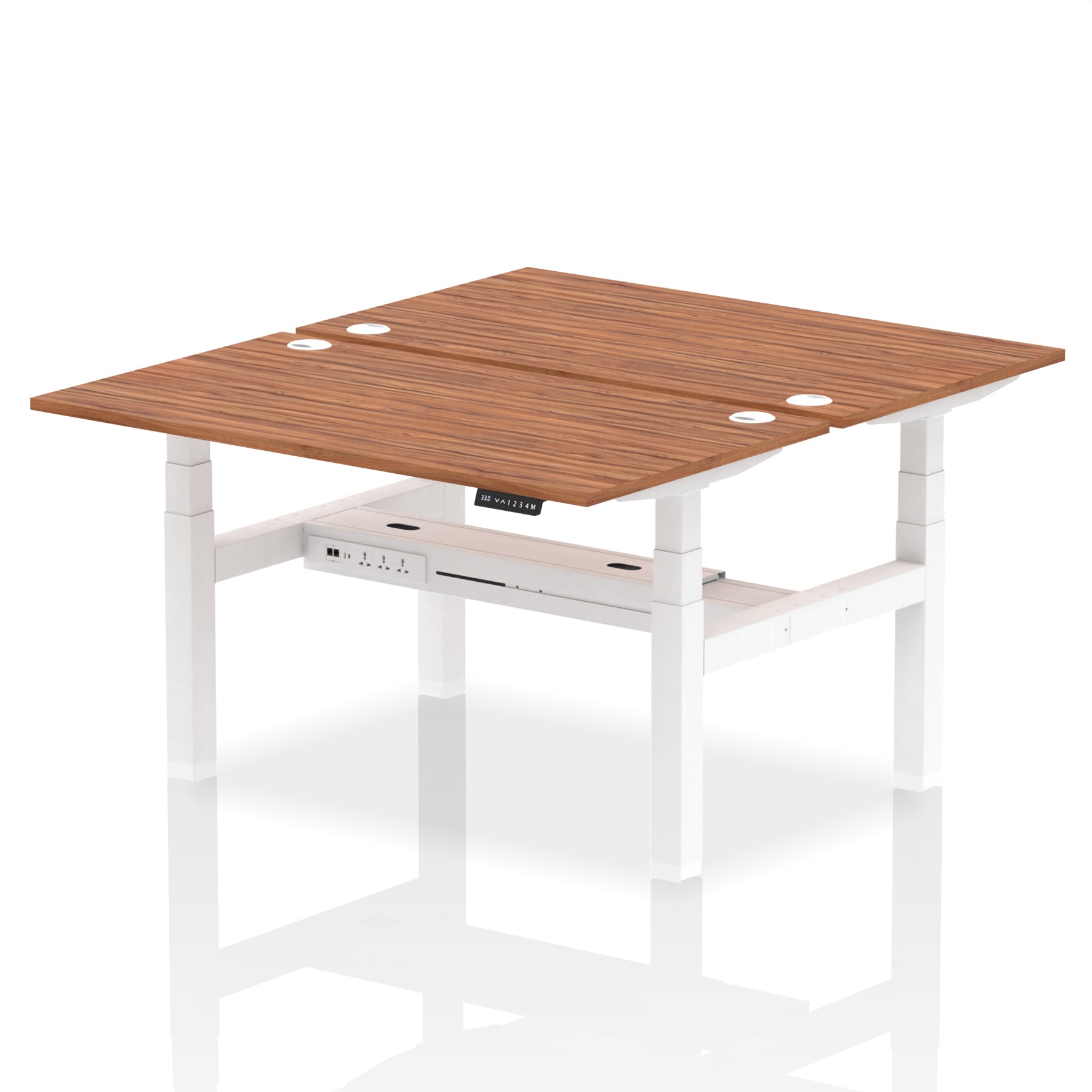 Back-to-back height adjustable desk with wood-effect top and metal frame on a white background