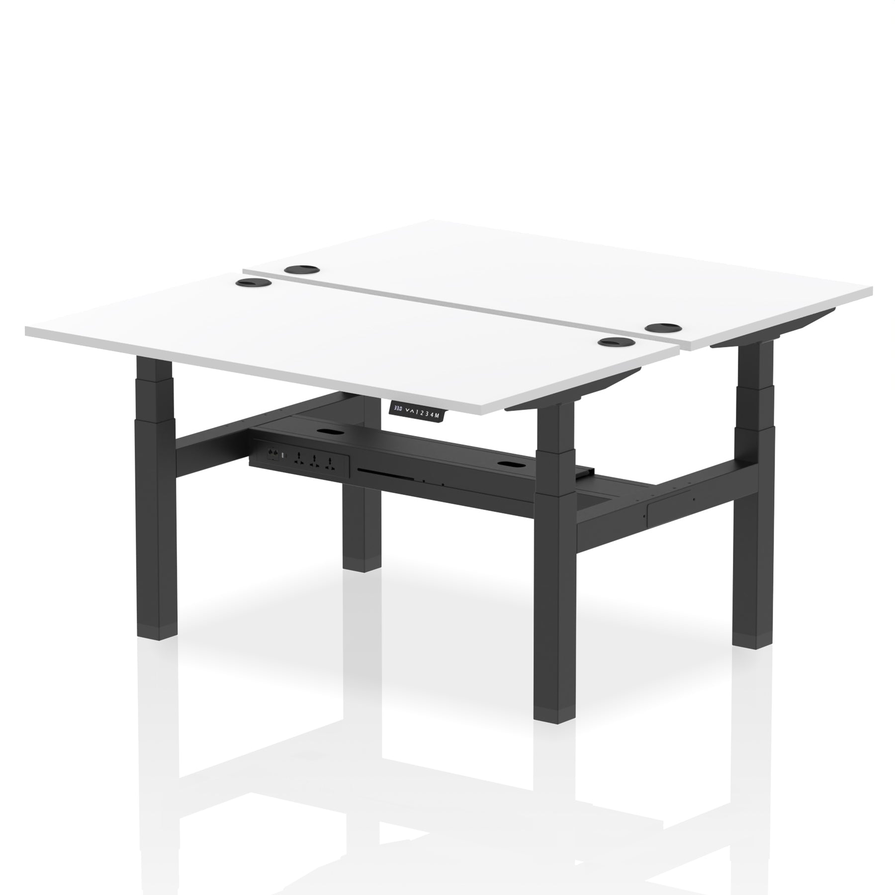 Back-to-back height adjustable desk with white top and metal frame on a white background