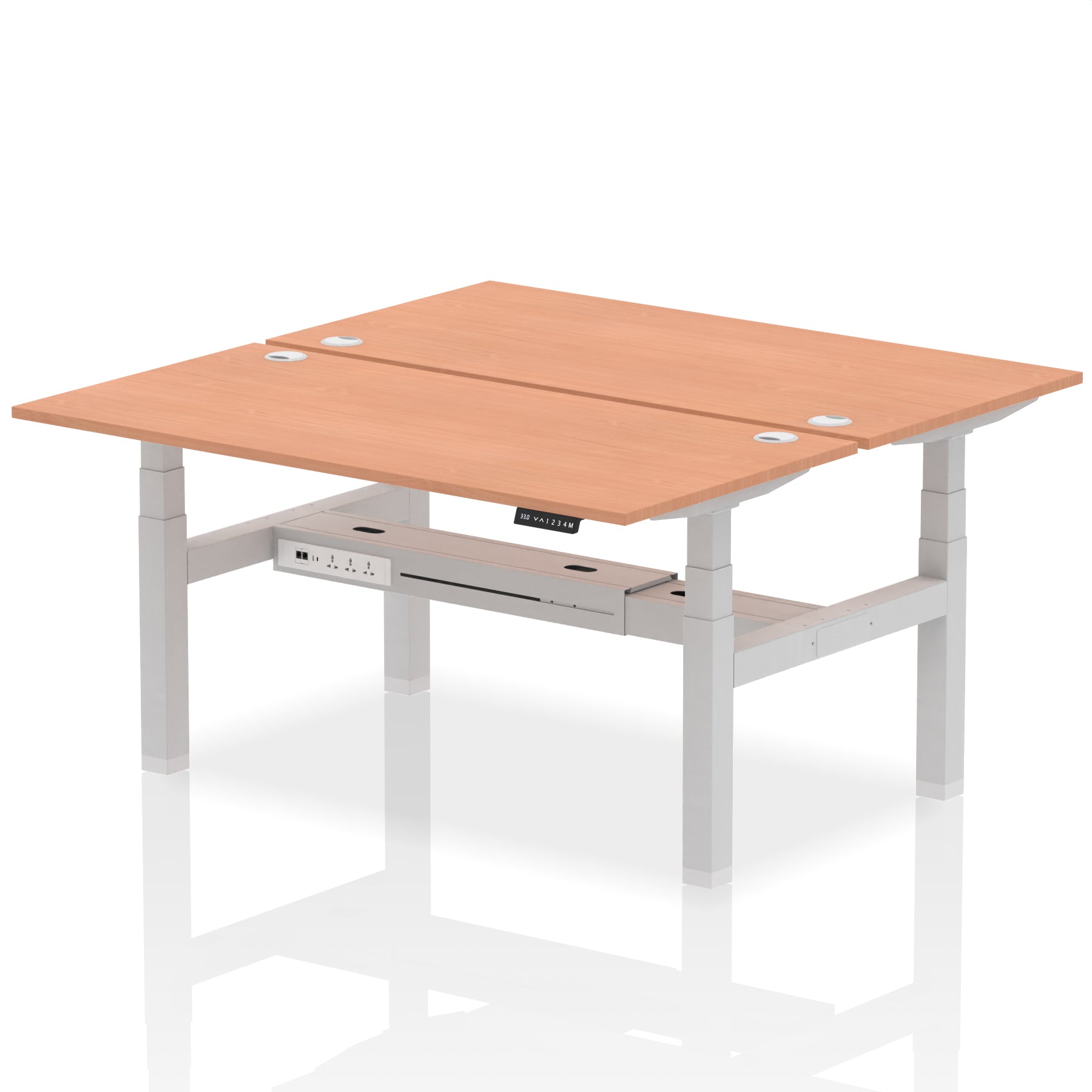 Back-to-back height adjustable desk with wood-effect top and metal frame on a white background