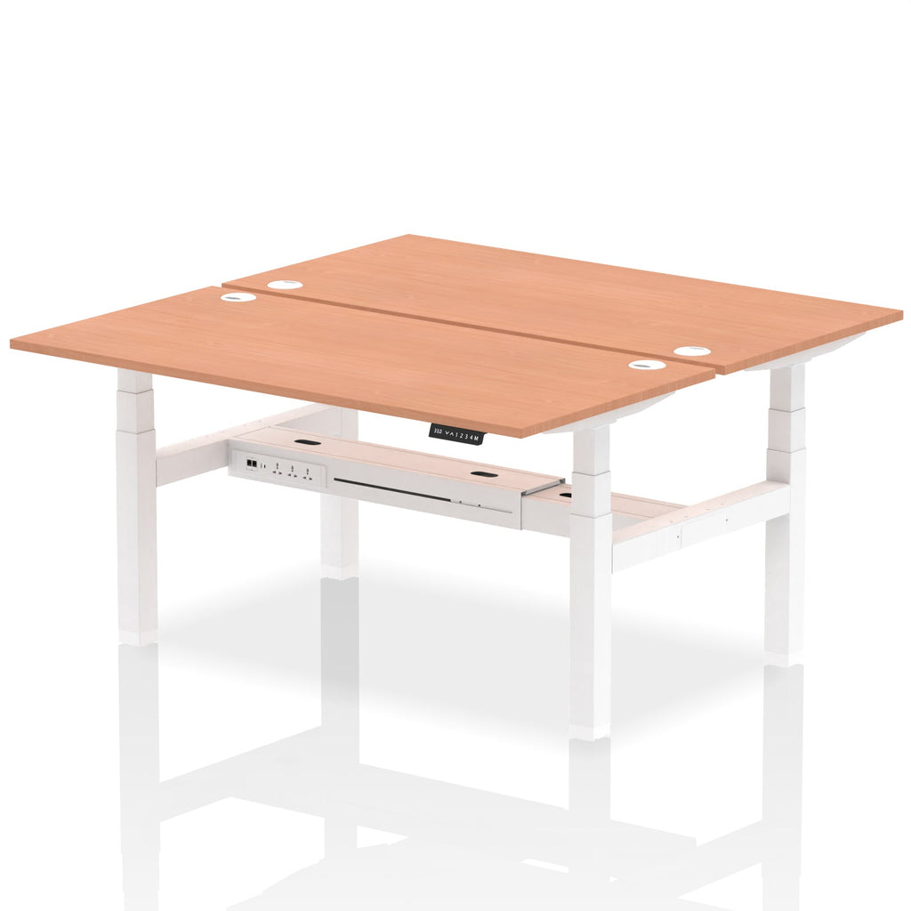 Back-to-back height adjustable desk with wood-effect top and metal frame on a white background