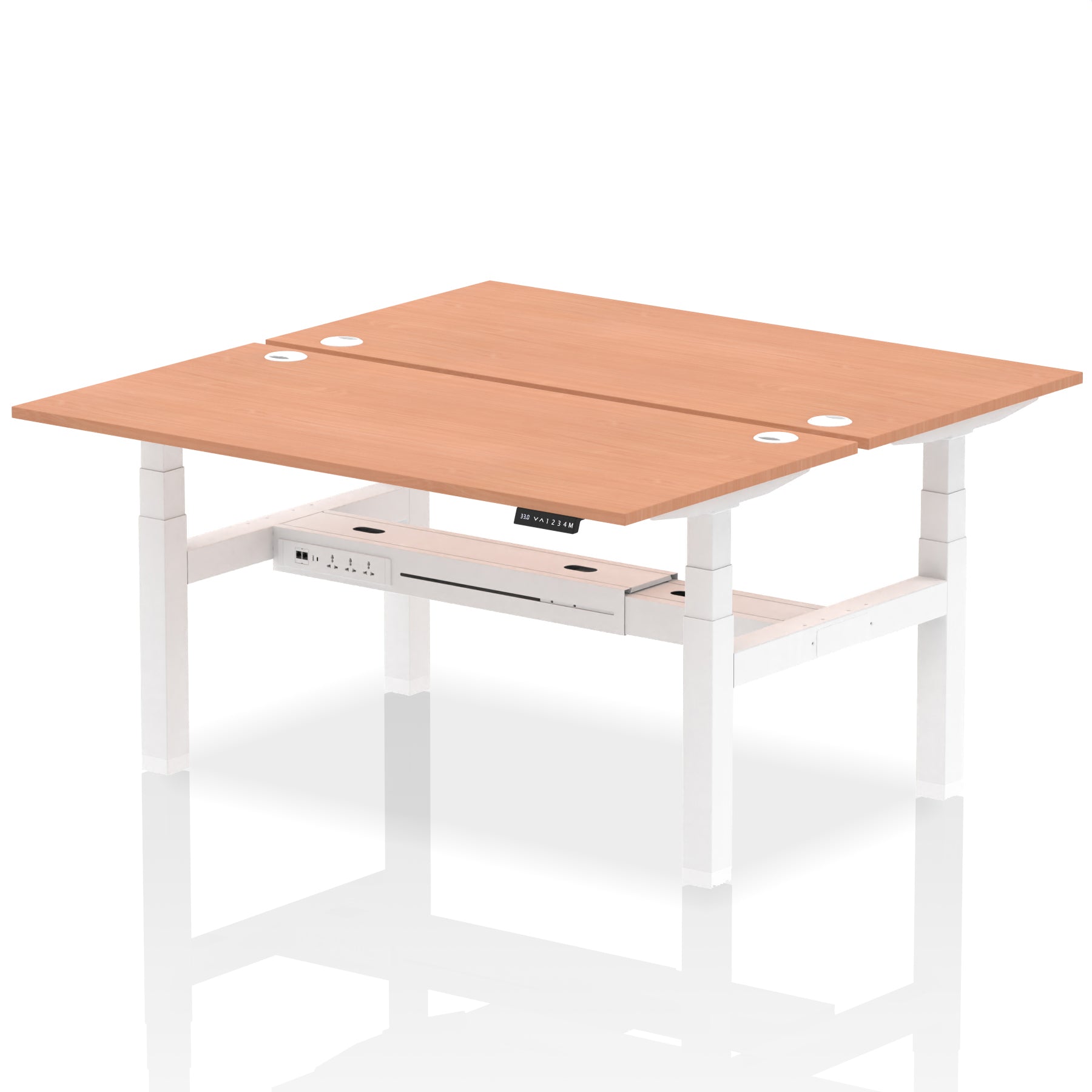 Back-to-back height adjustable desk with wood-effect top and metal frame on a white background