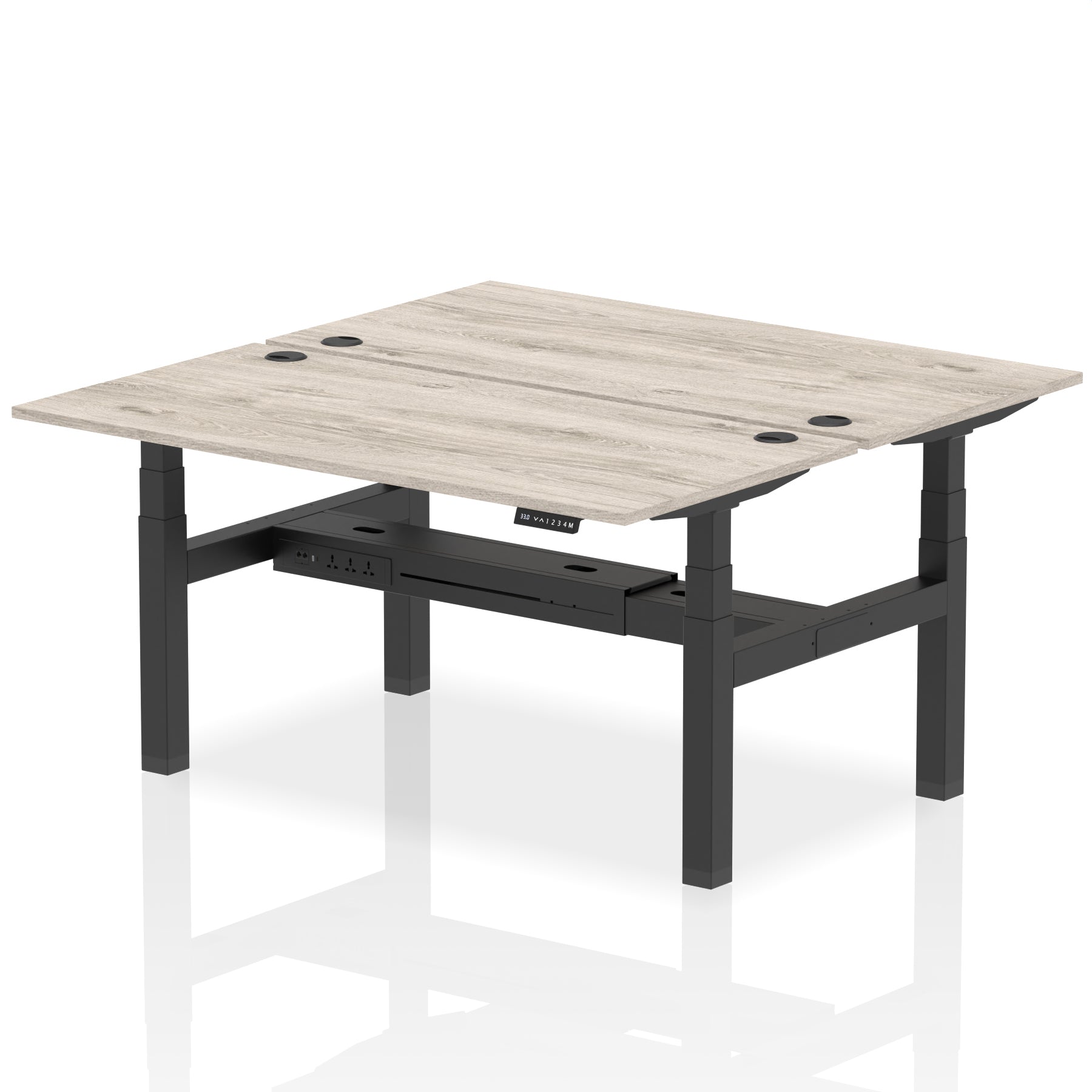 Back-to-back height adjustable desk with wood-effect top and metal frame on a white background