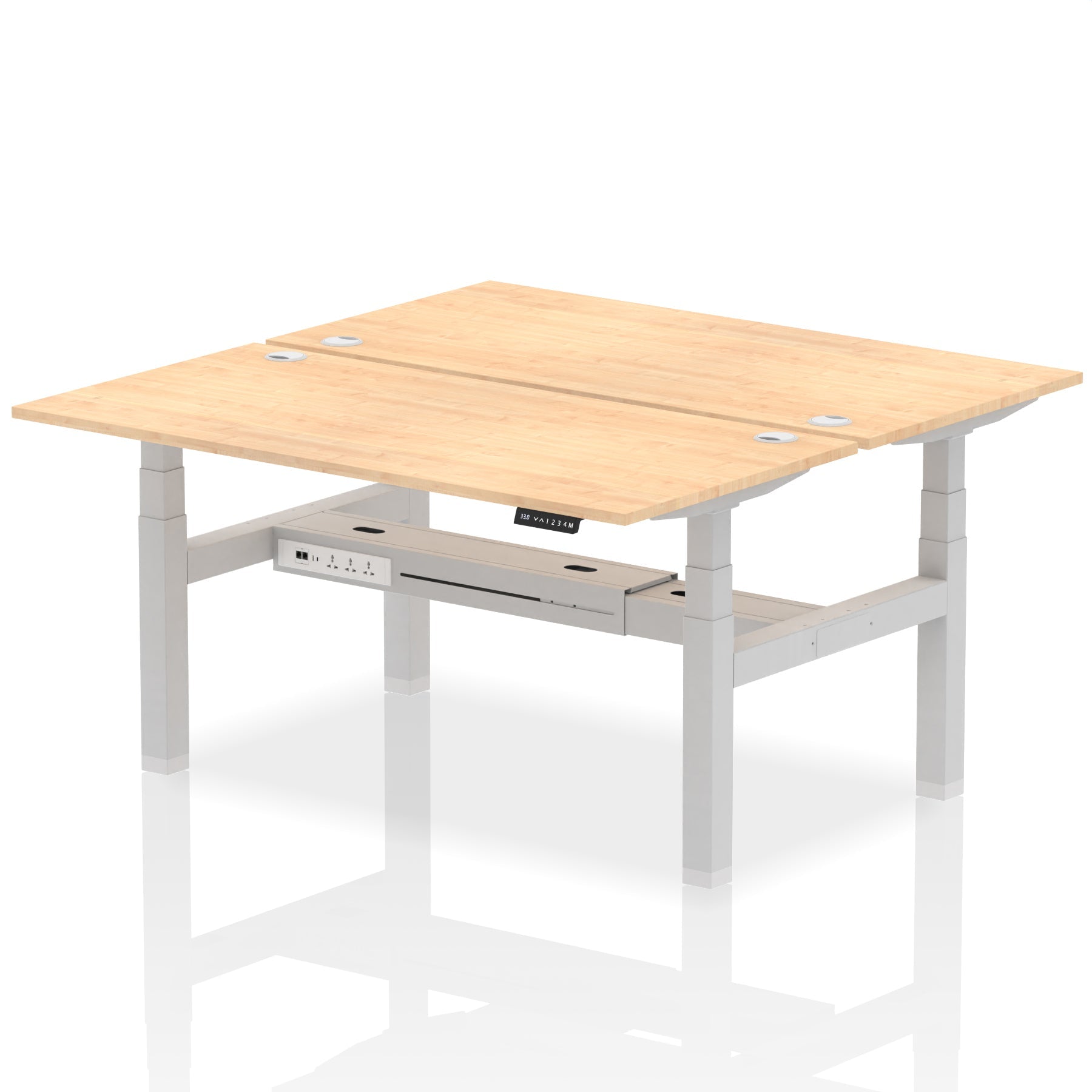 Back-to-back height adjustable desk with wood-effect top and metal frame on a white background