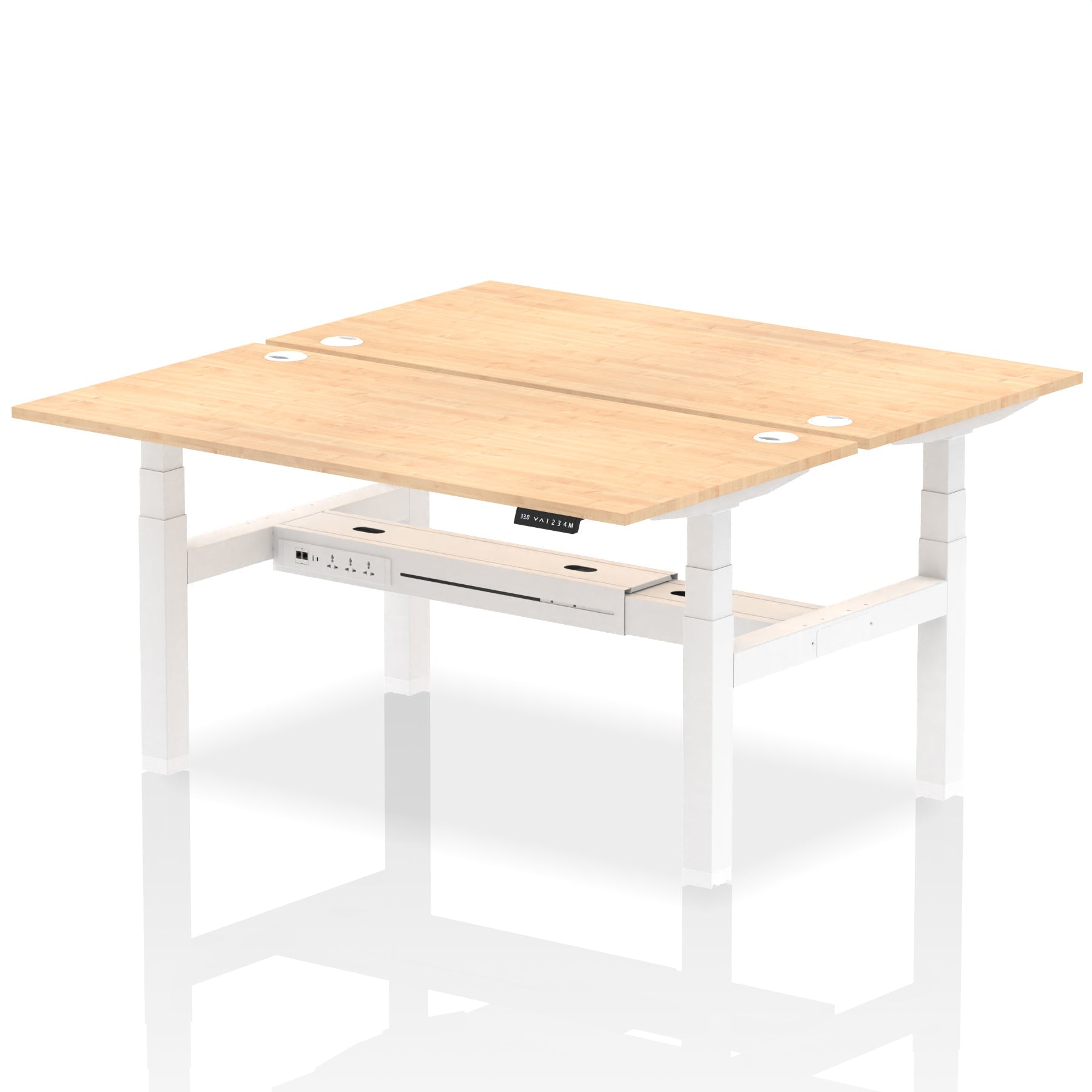 Back-to-back height adjustable desk with wood-effect top and metal frame on a white background